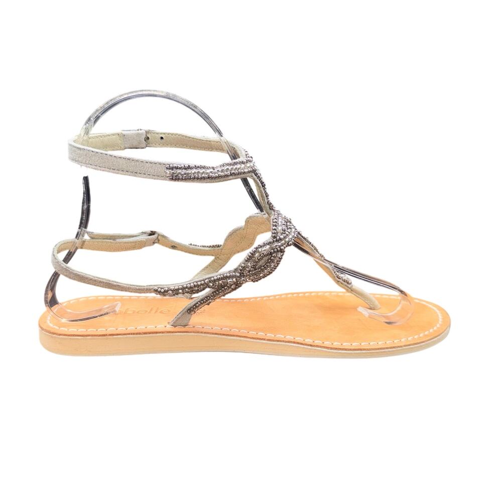 Cocobelle Beaded Leather T Strap Sandals Gray EU 38 US 7.5 Flat Boho - Picture 8 of 11